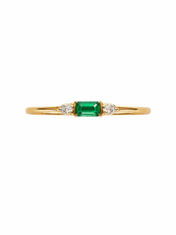 Anillo de Oro Amarillo 18K con Esmeralda Baguette Central y Dos Brillantes Laterales