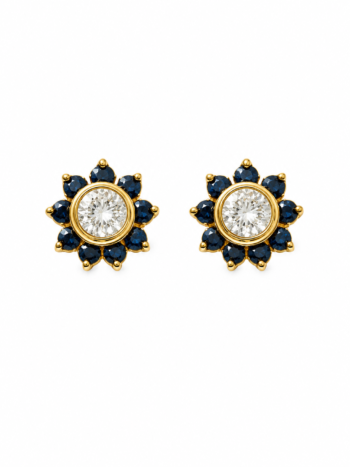 Aretes Flores de Oro Amarillo 18K con Zafiro y Circón Central