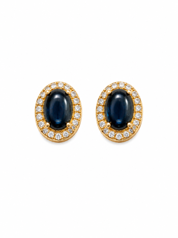 Aretes Cleo de Oro Amarillo 18K con Zafiro Cabujón y Halo de Brillantes