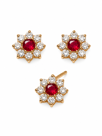 Juego de Aretes y Anillo de Oro Amarillo 18K con Rubí Central y Borde de Circones